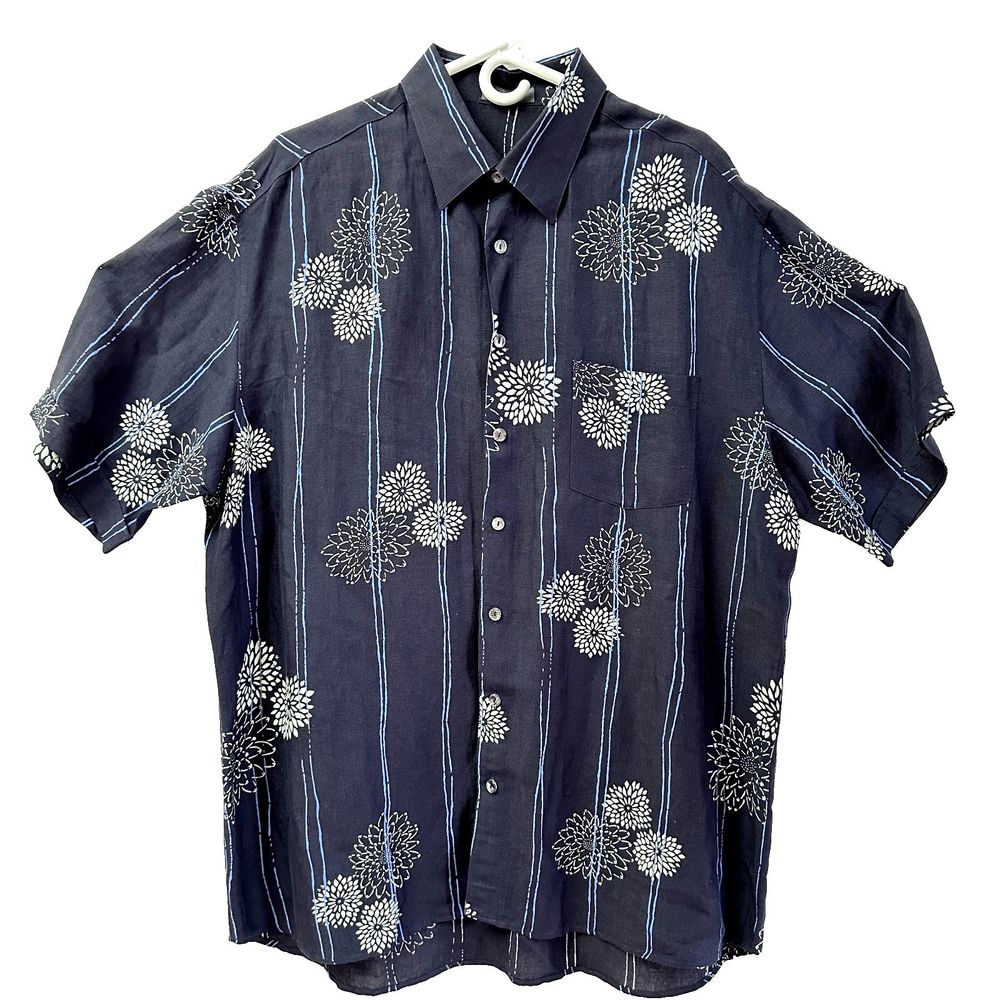 Messori Men's Shirt SZ XXL Navy White Floral Linen Short Sleeves Made in Italy